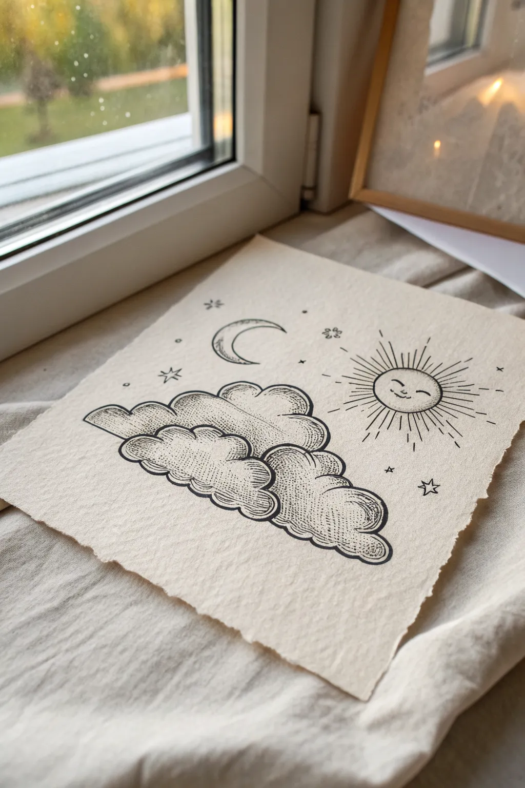 Vintage hatched clouds framing a tiny moon, minimalist sketch inspiration with an old-print feel