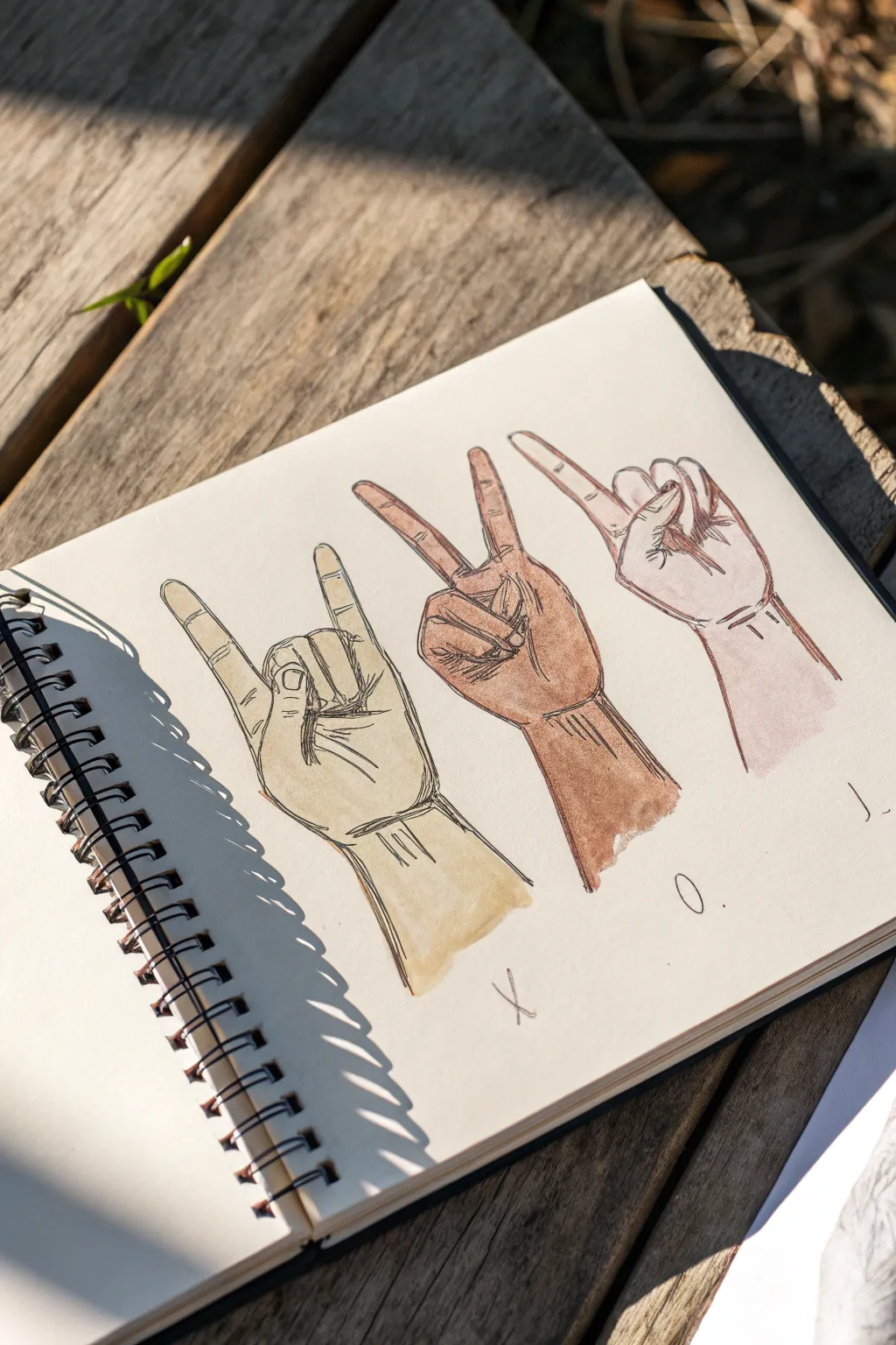 Skin-tone study of one ASL sign, repeated in five shades on a minimalist sketchbook page