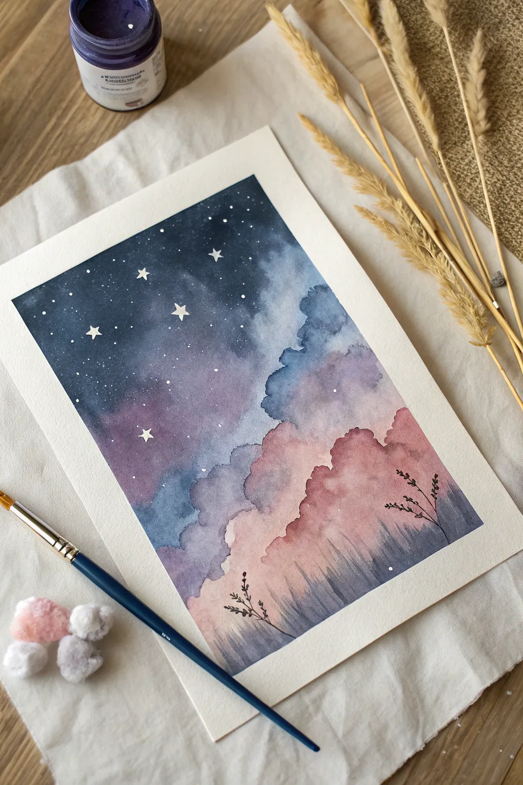 Misty nebula cloud with star speckles, an easy watercolor astronomy idea with calm minimalist vibes