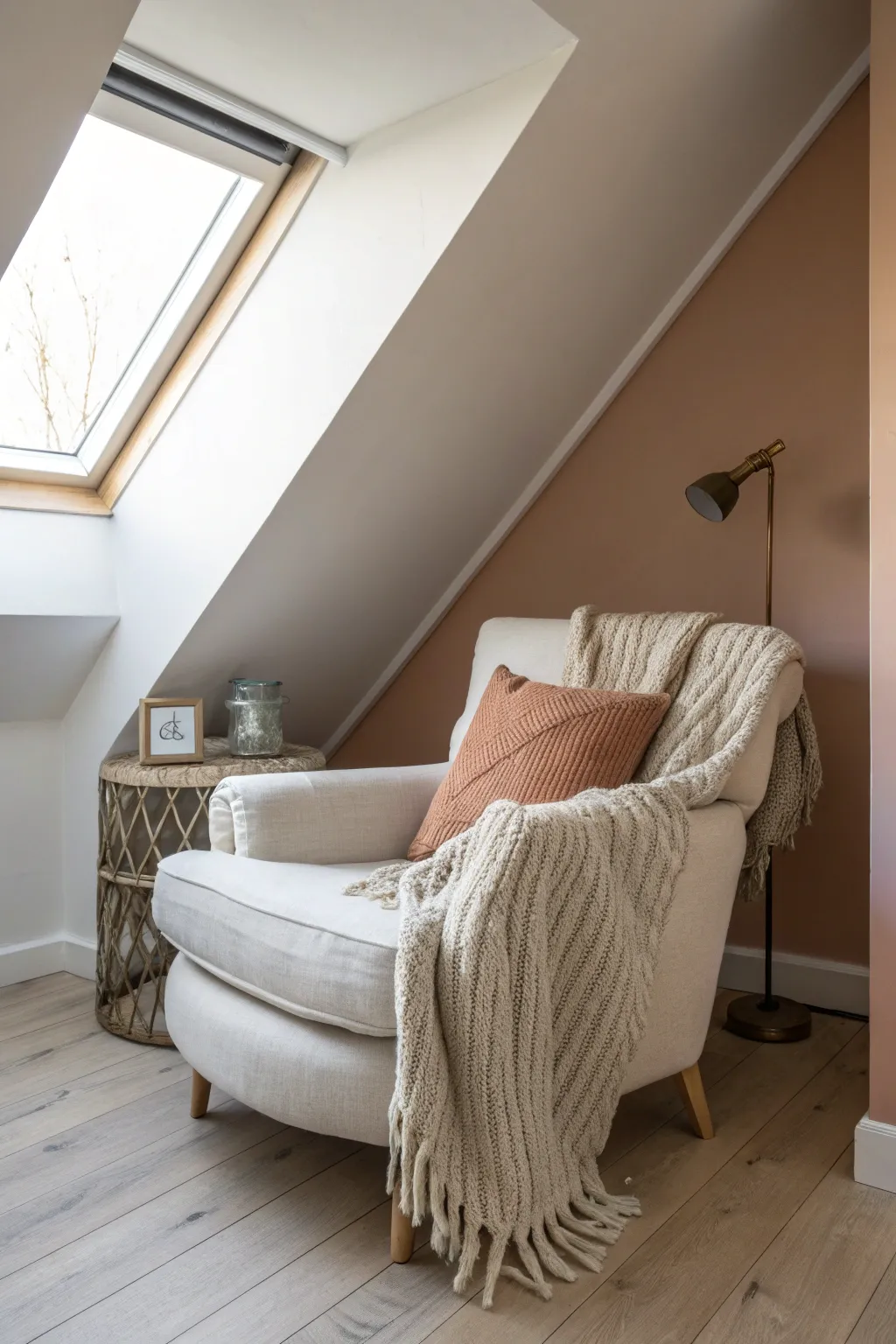 Darker slope, lighter walls: a cozy attic nook that feels like a soft cocoon inside.