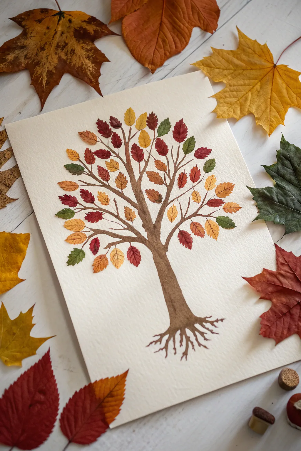 Handprint autumn tree keepsake with fingerprint leaves in cozy fall colors, clean and minimal