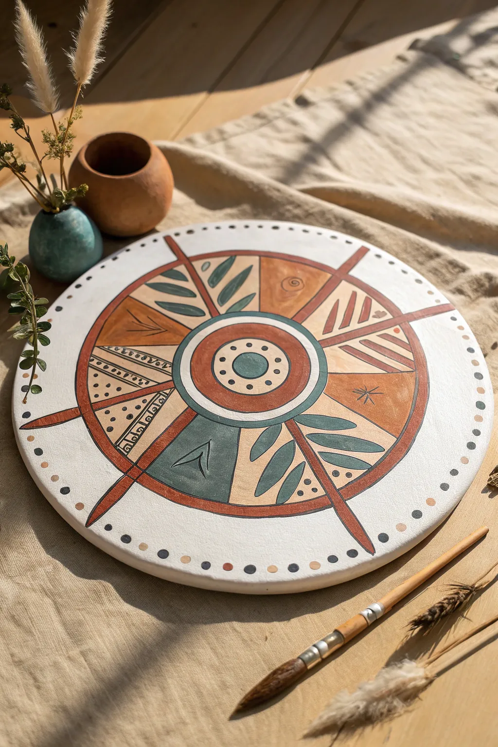 Minimal Aztec shield painting with bold symmetry and earthy tones for a clean, modern boho look