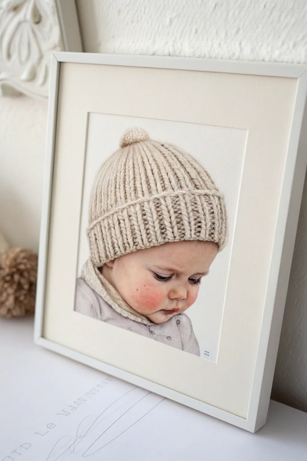 Sweet baby in a chunky knit beanie, minimalist lines and soft blush tones for easy sketching.