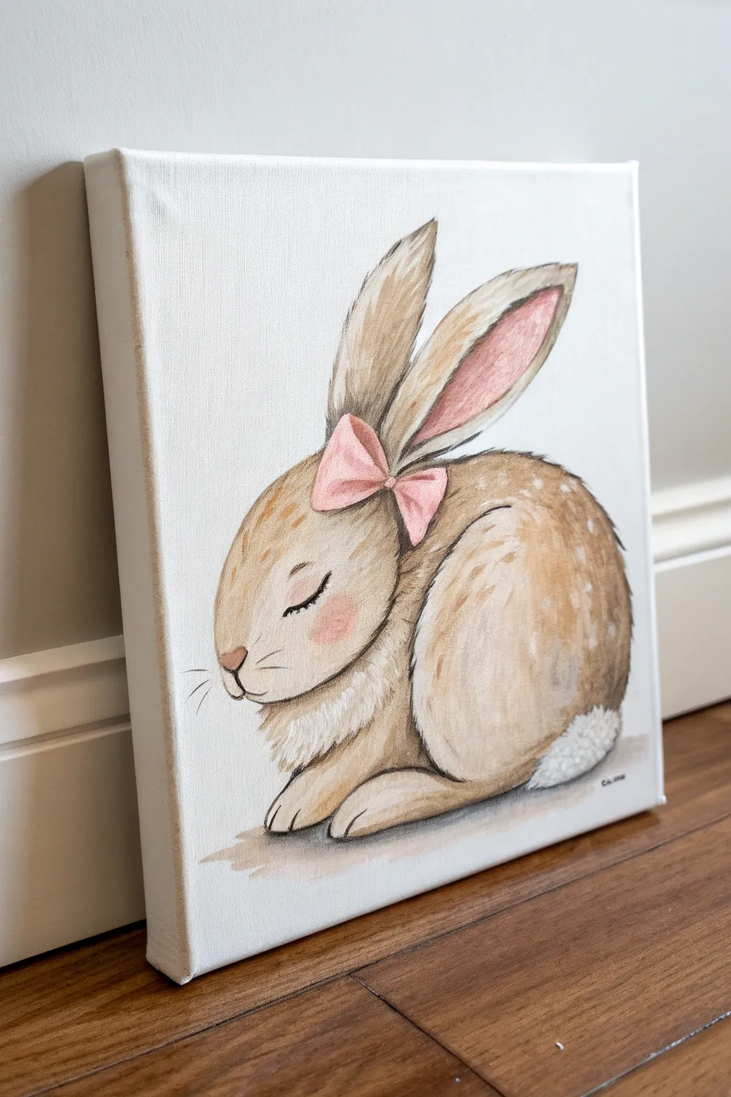 Sleepy bunny with blush bow, a soft neutral canvas idea for baby girls nursery decor.