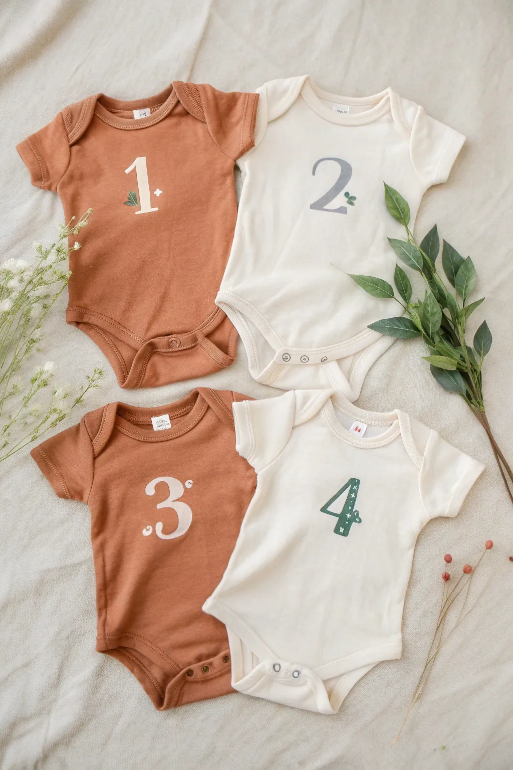 Paint a cohesive monthly milestone onesie set with soft watercolor numbers and tiny boho accents