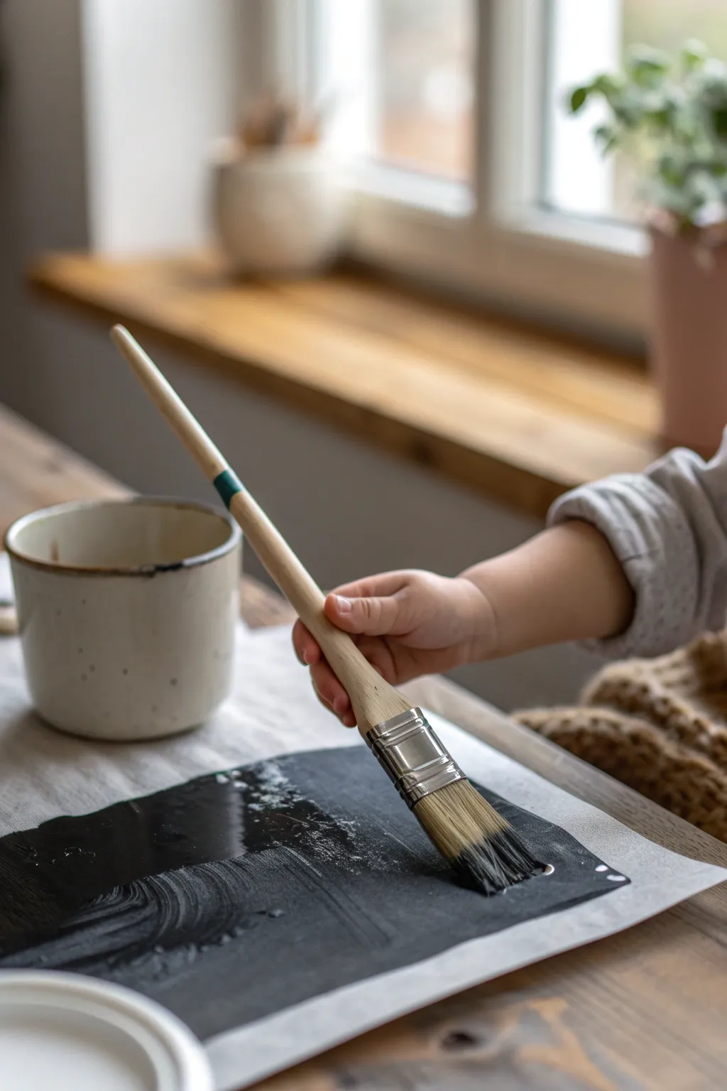 Zero-mess water painting: big brush, dark paper, and fleeting glossy strokes in soft light.