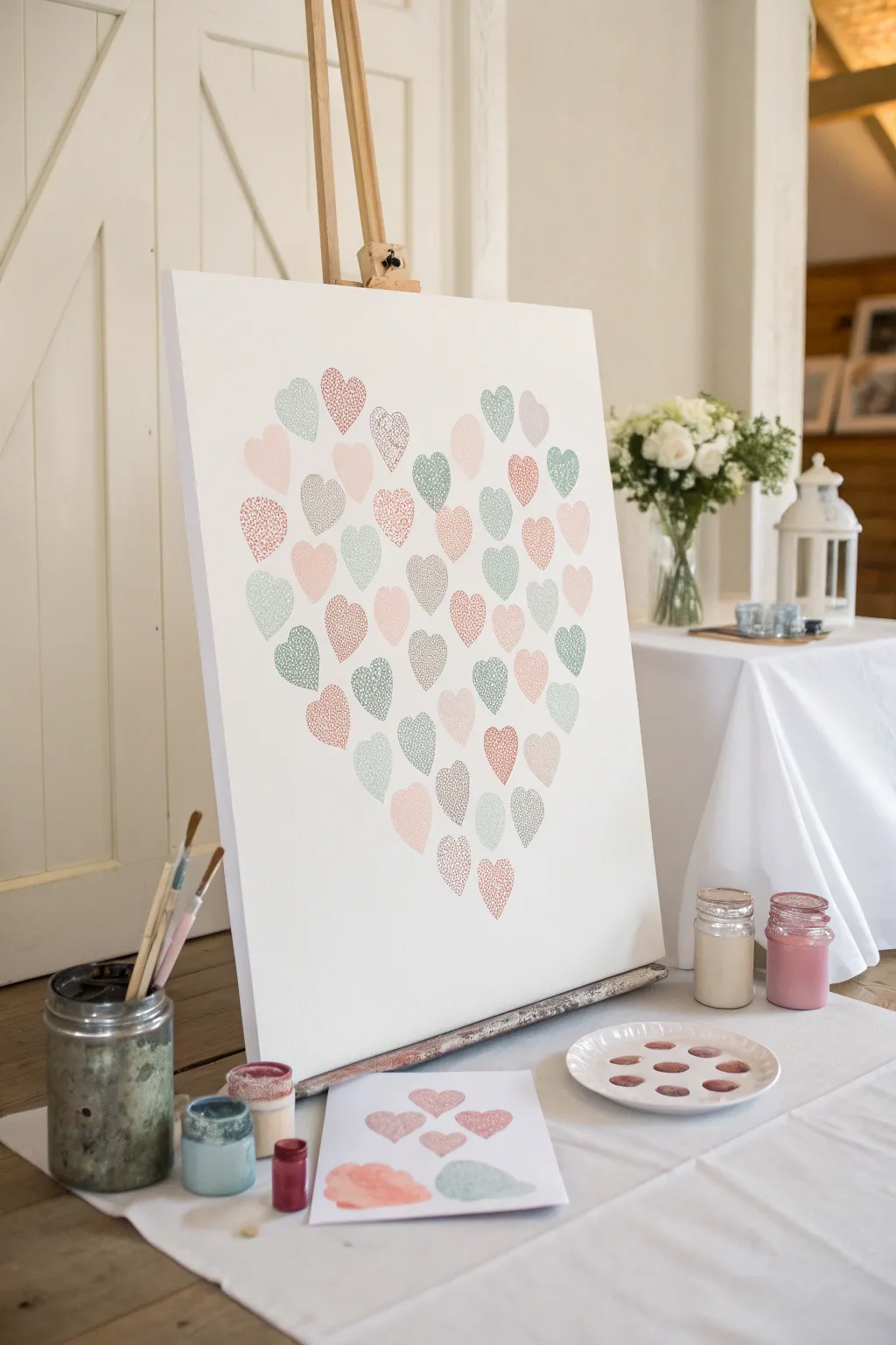 Sweet baby shower guestbook: a pastel fingerprint heart cluster on a clean minimalist canvas