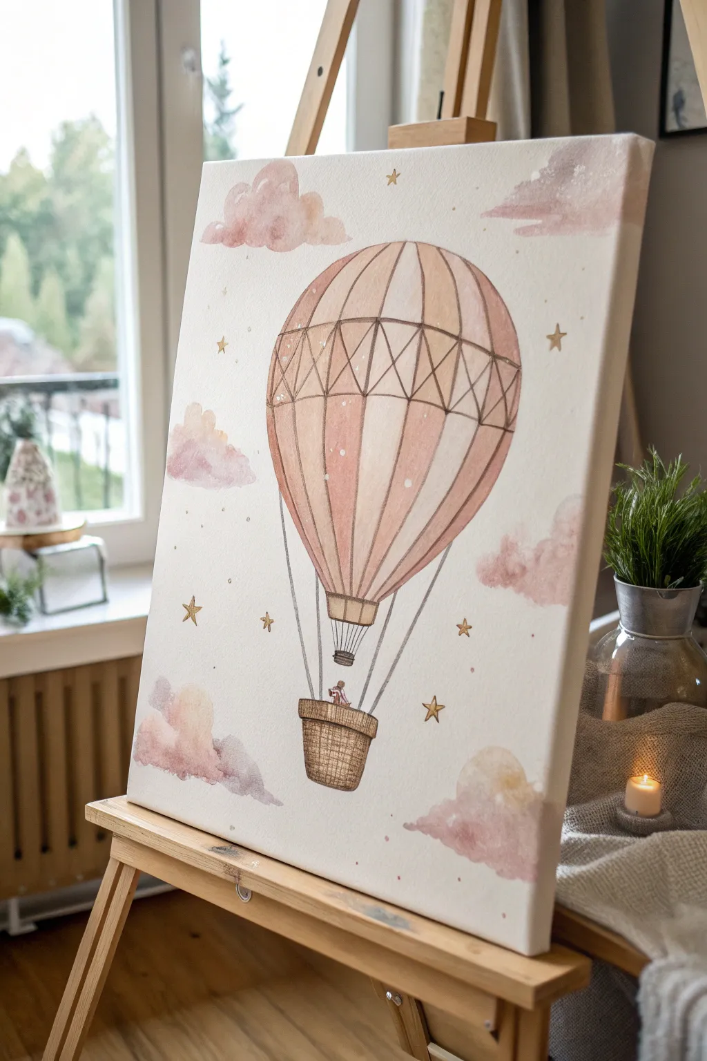 Dreamy hot air balloon canvas, mid-process with pencil sketch and soft clouds for baby shower fun