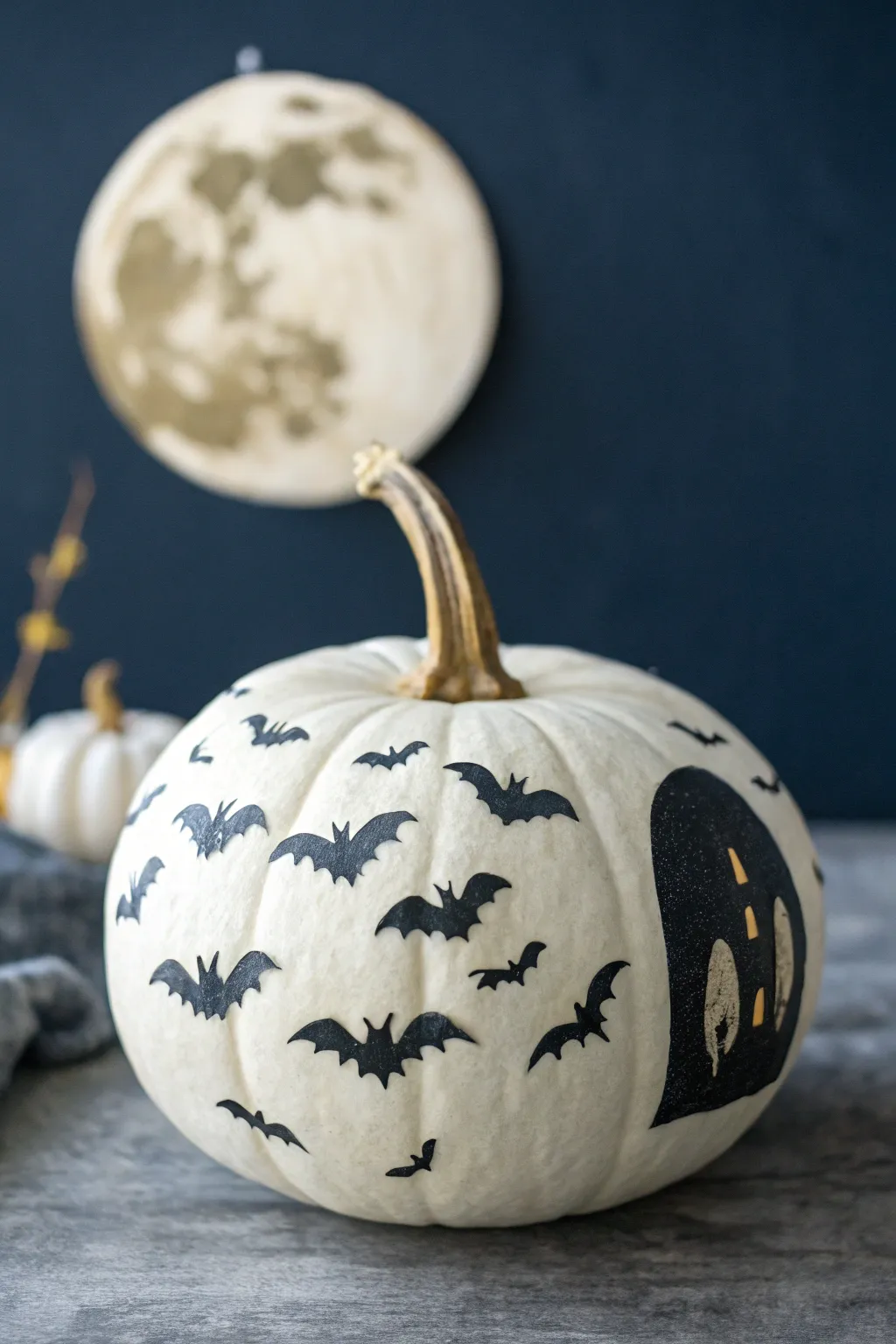 Sweet spooky fingerprint bats on a tiny pumpkin, minimalist night scene with soft moon glow