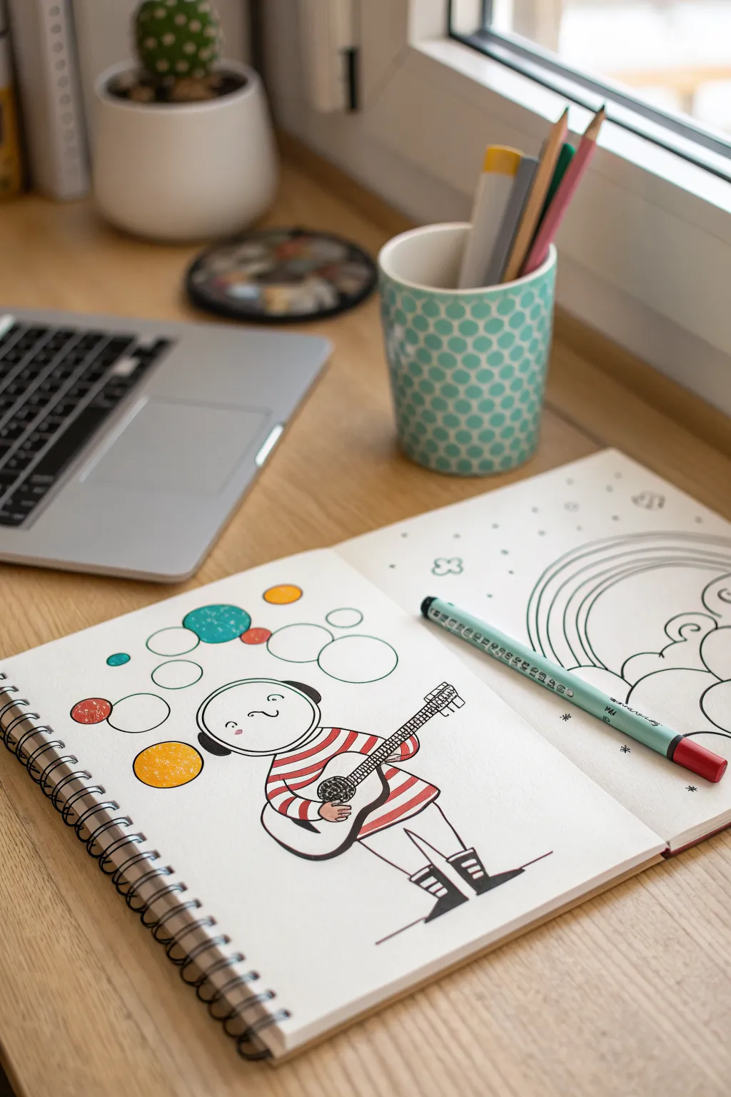 Simple band member made from circles and rectangles, bold outlines and bright colors, easy to draw