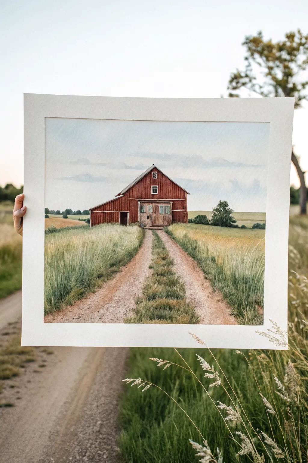 Minimal barn painting: a straight dirt path guides the eye to the door in soft boho neutrals.