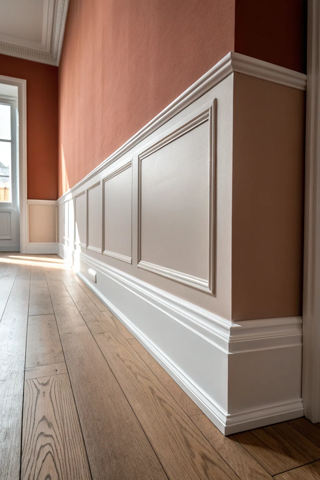 Color-drenched baseboards that match the walls, revealed with dramatic side lighting