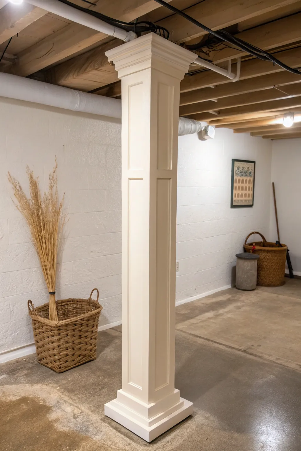 A wall-matching painted basement column that visually disappears, with contrast shown subtly.