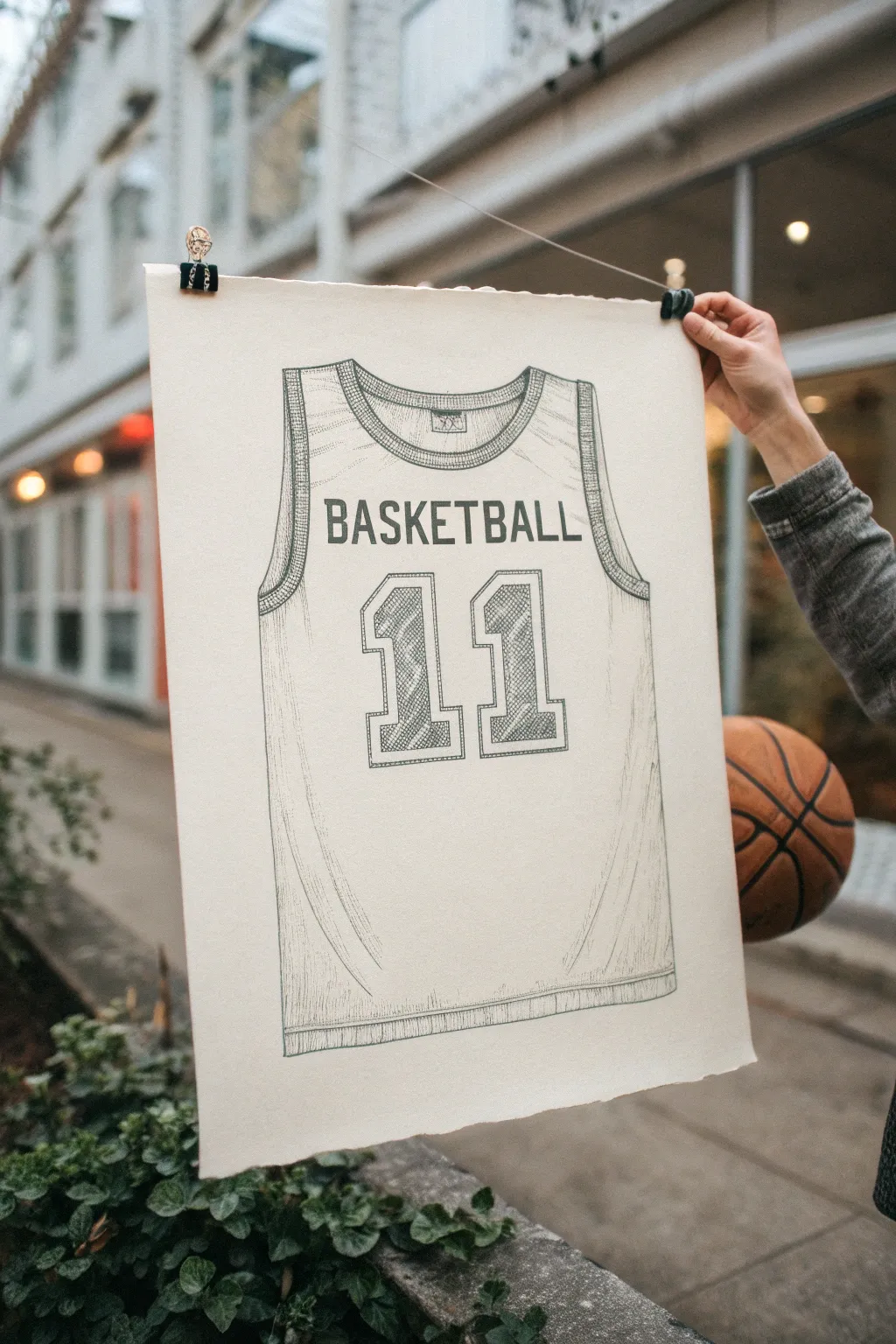 Clean jersey and basketball sketch with a bold number, a minimalist drawing idea for hoop lovers