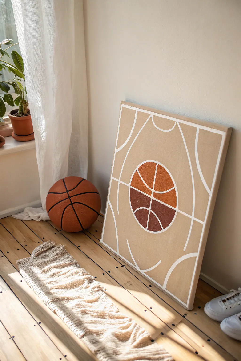 Minimalist basketball court lines and bold ball circle, Scandinavian boho palette, crisp contrast.
