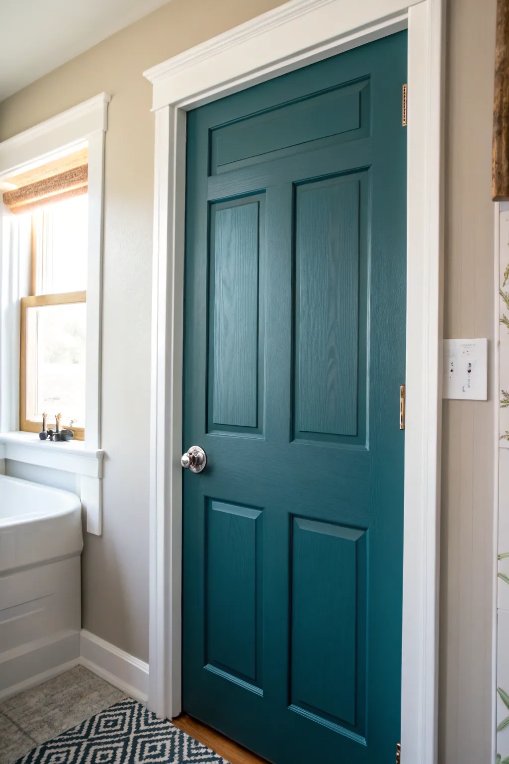 Deep painted door with bright white trim for bold, high-contrast edges and clean cut-in detail.