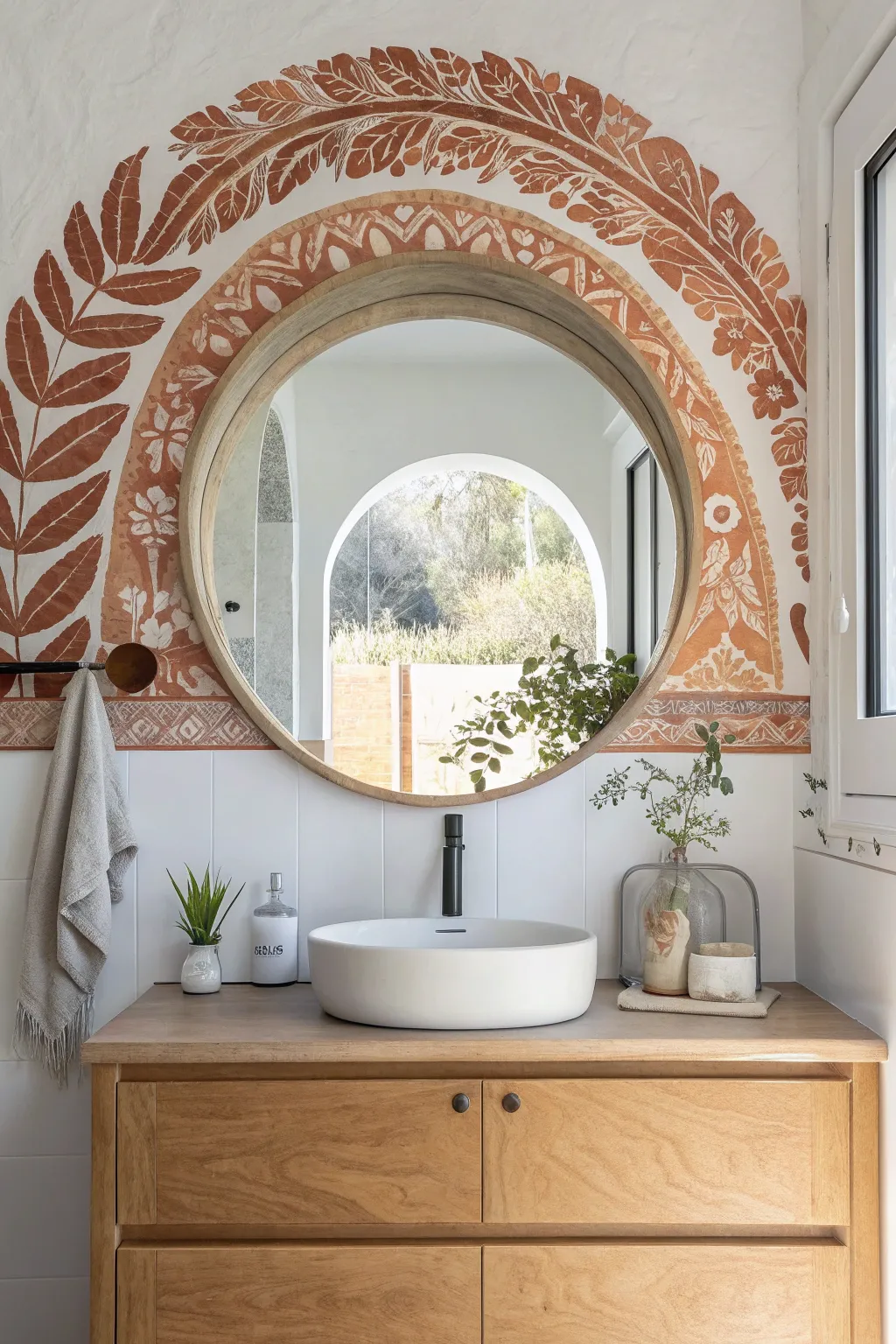 Painted arched niche illusion framing the vanity mirror for a warm, minimalist bathroom focal point