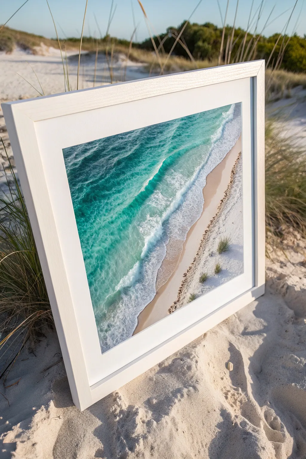 A minimalist top-down shoreline painting idea with crisp seafoam curves and soothing aqua bands