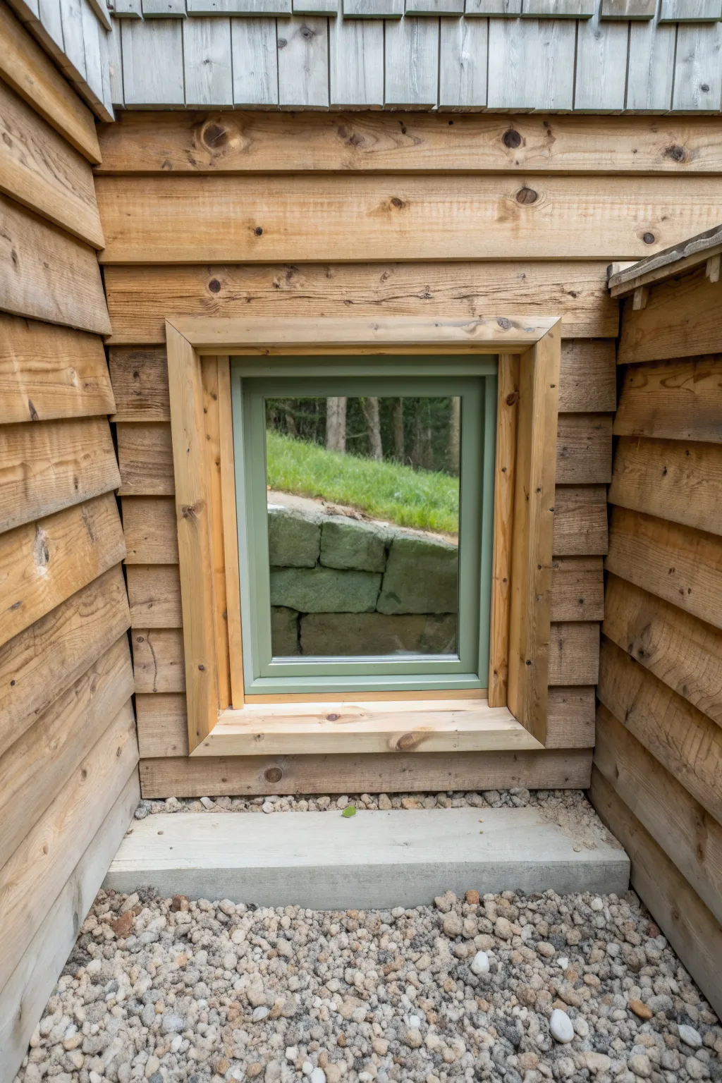 Wood-cribbed window well with moss and gravel for a warm, rustic basement detail