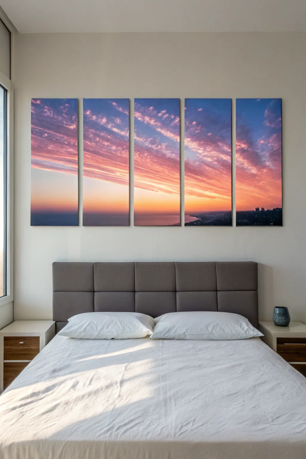Modern five-panel gradient sky above the bed for a calm, elevated Scandinavian look