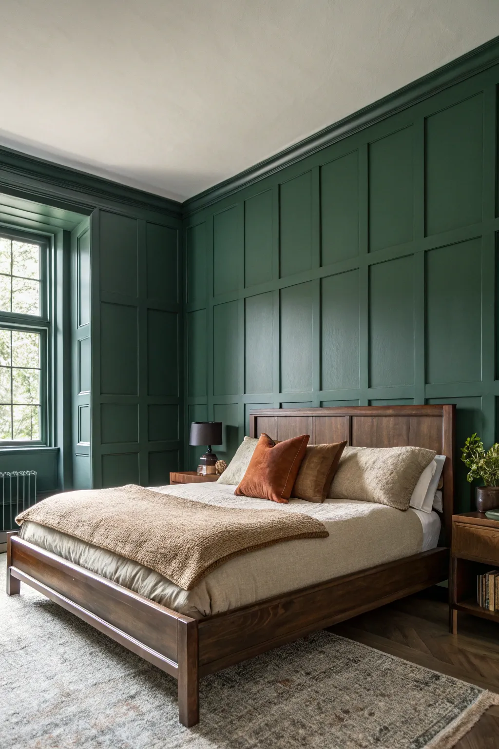 Create a soulful retreat with deep moody forest green walls and warm leather details.