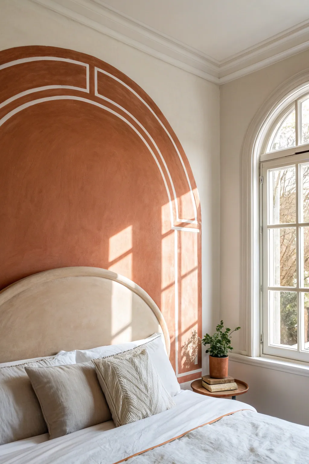 A simple painted arch headboard adds instant warmth and a built-in focal point above the bed.