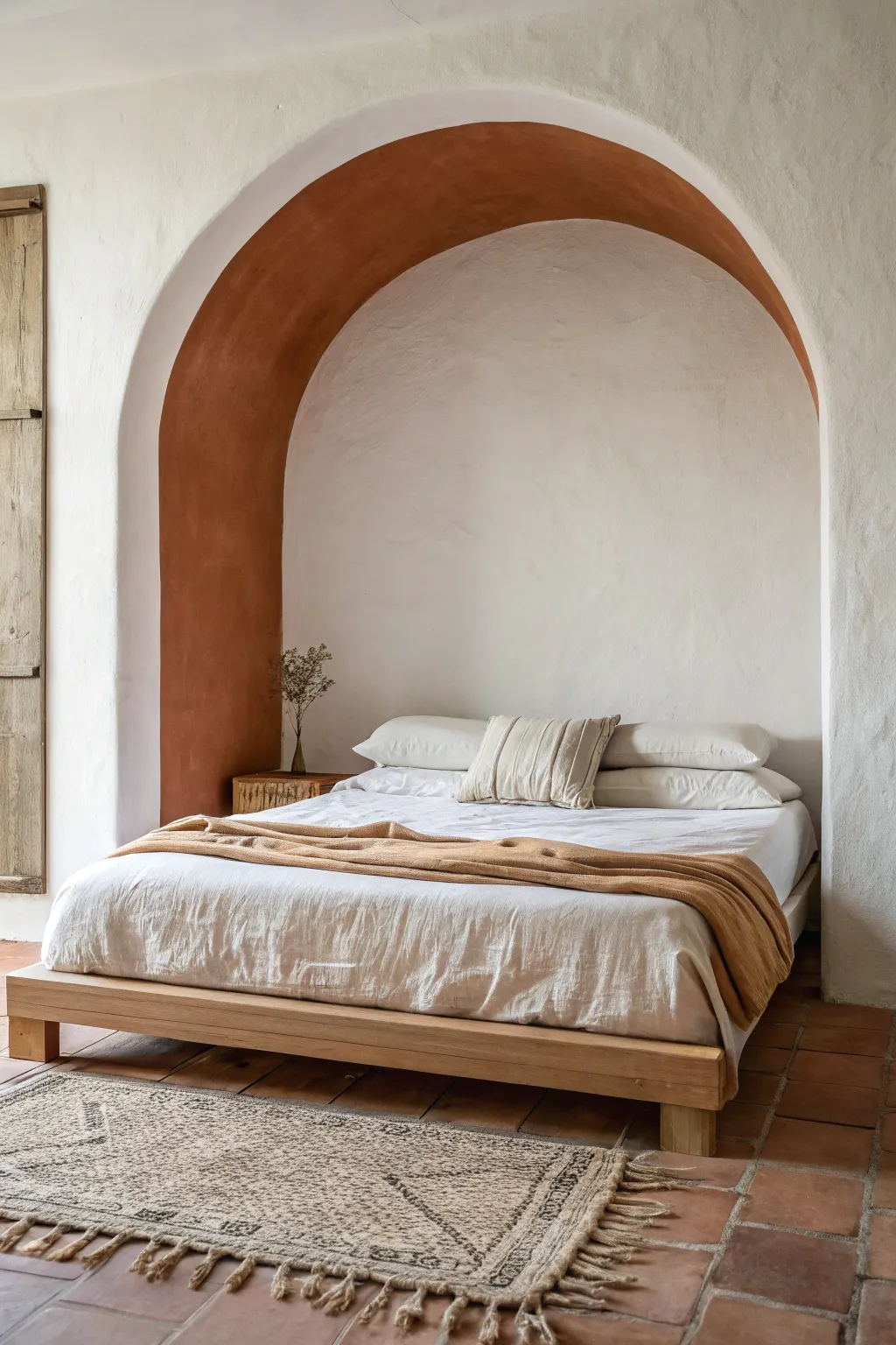Minimal painted headboard arch adds bold contrast to a serene, neutral Scandinavian bedroom.