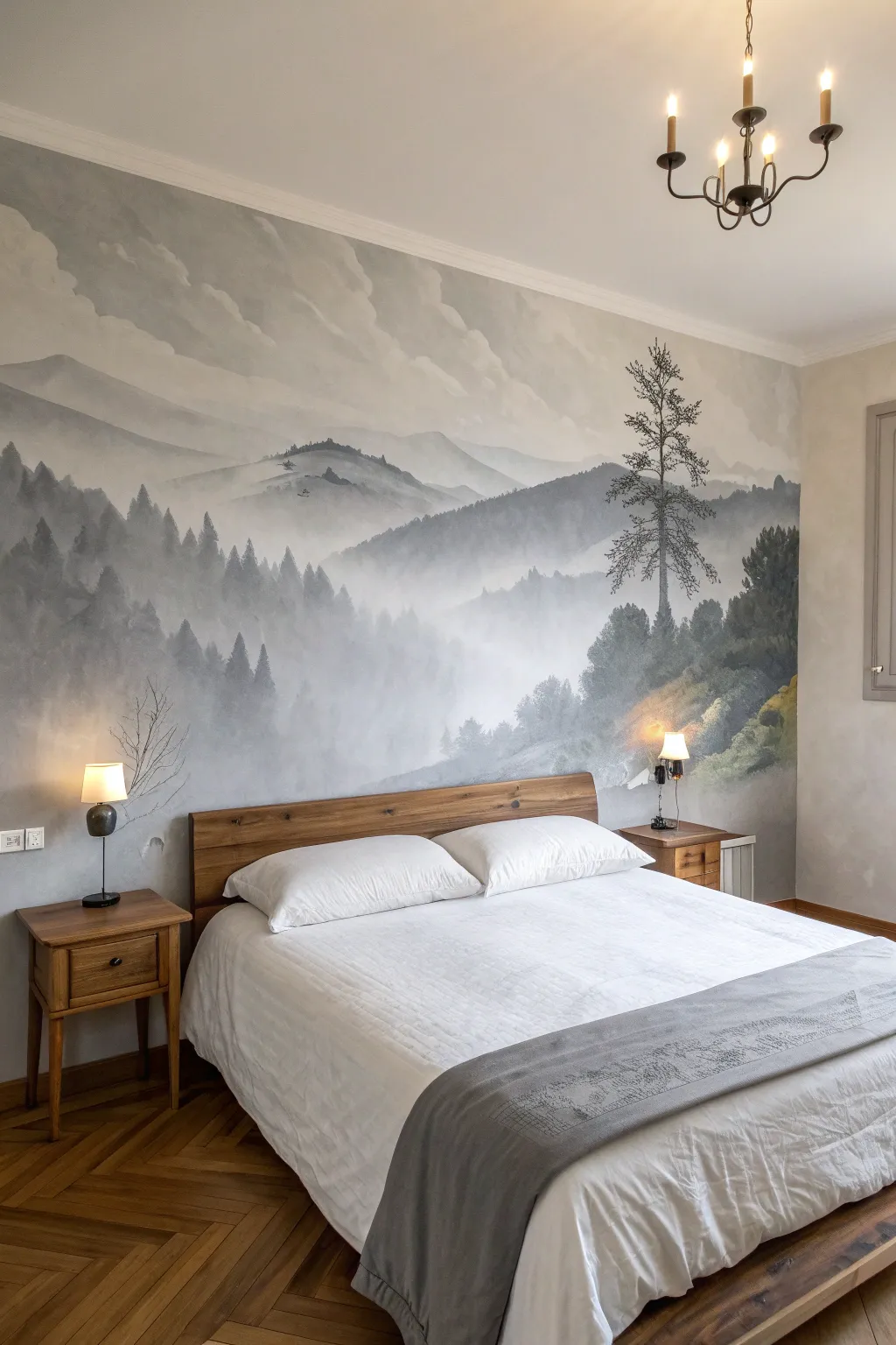 Quiet ink-wash hills behind a low bed, minimalist Scandinavian calm with boho warmth.