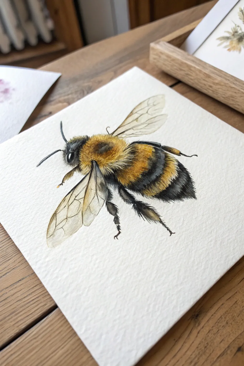 Loose splashy watercolor bee with sunny washes, inky stripes, and playful splatter for easy charm