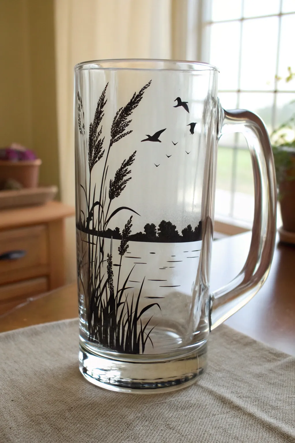 Minimalist beer mug with bold black and white outdoor silhouette, perfect for modern painting ideas.