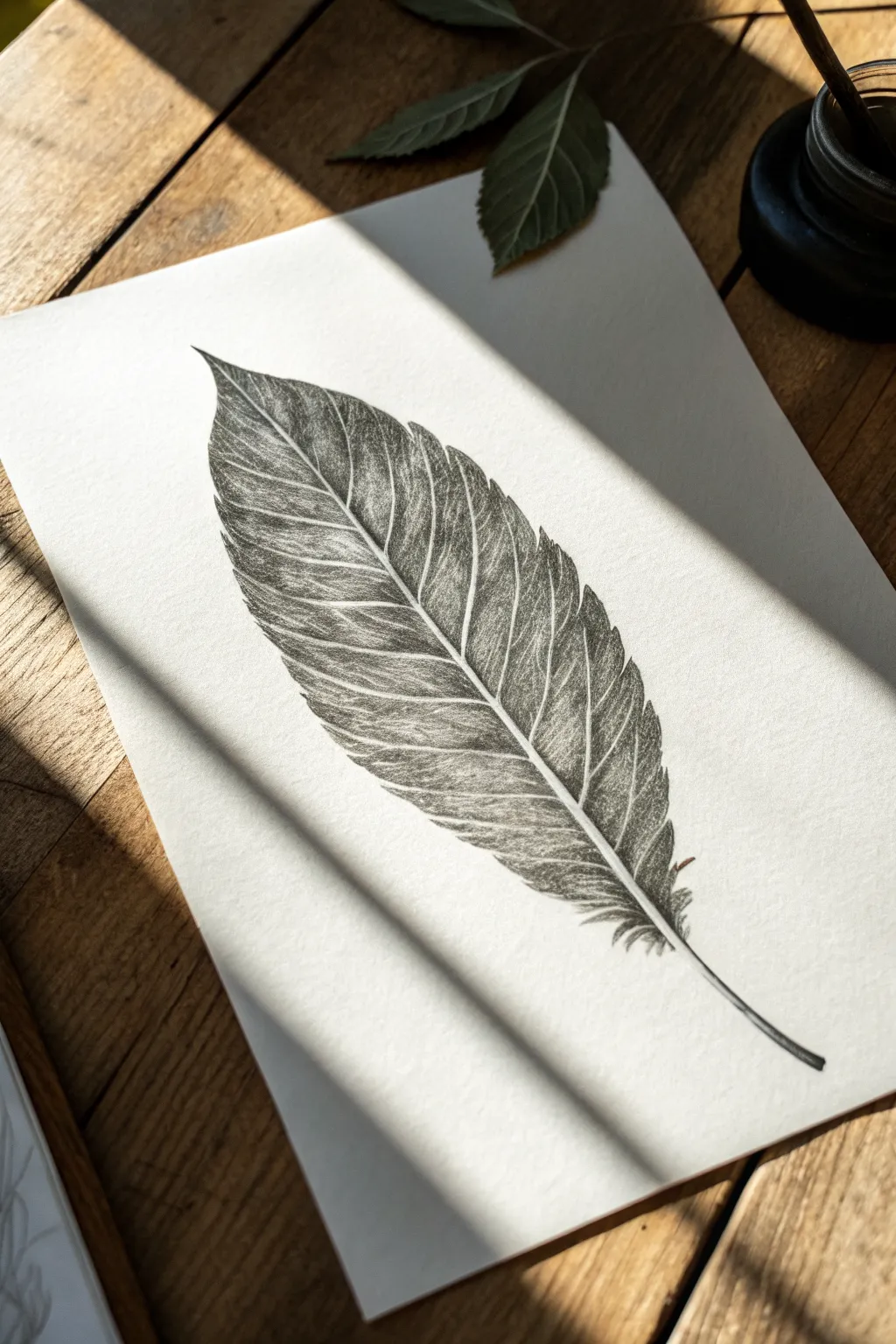 Easy charcoal leaf sketch: simple veins and a soft cast shadow with satisfying contrast