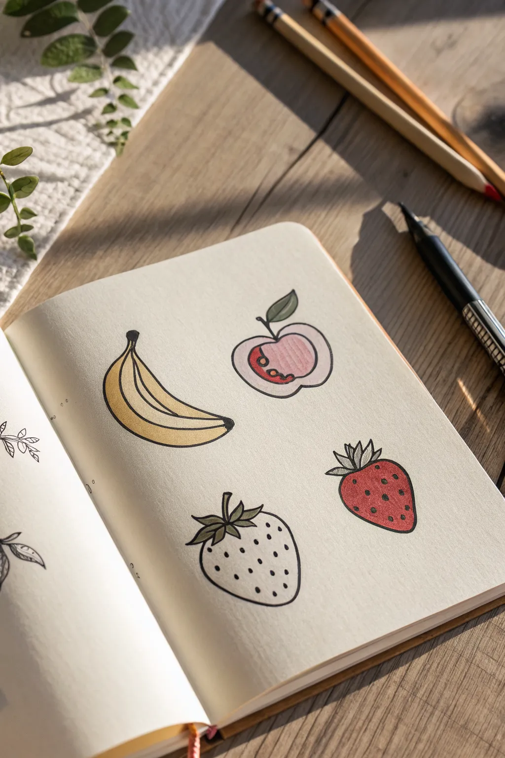 Easy fruit trio sketch: apple, banana, berry in minimalist Scandinavian-boho style for beginners