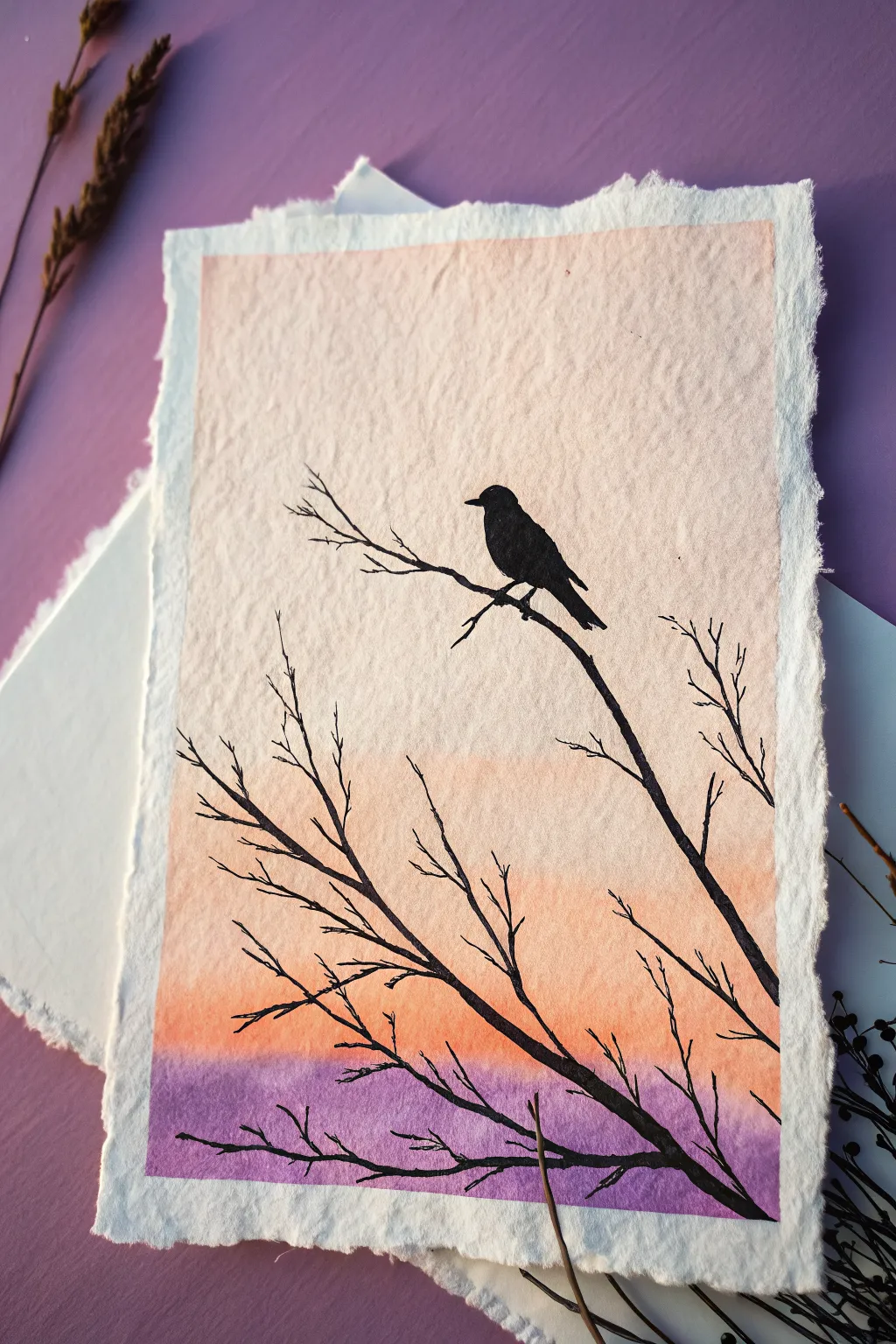 Simple bird silhouette on a branch, an easy beginner oil pastel idea with a soft sunset gradient