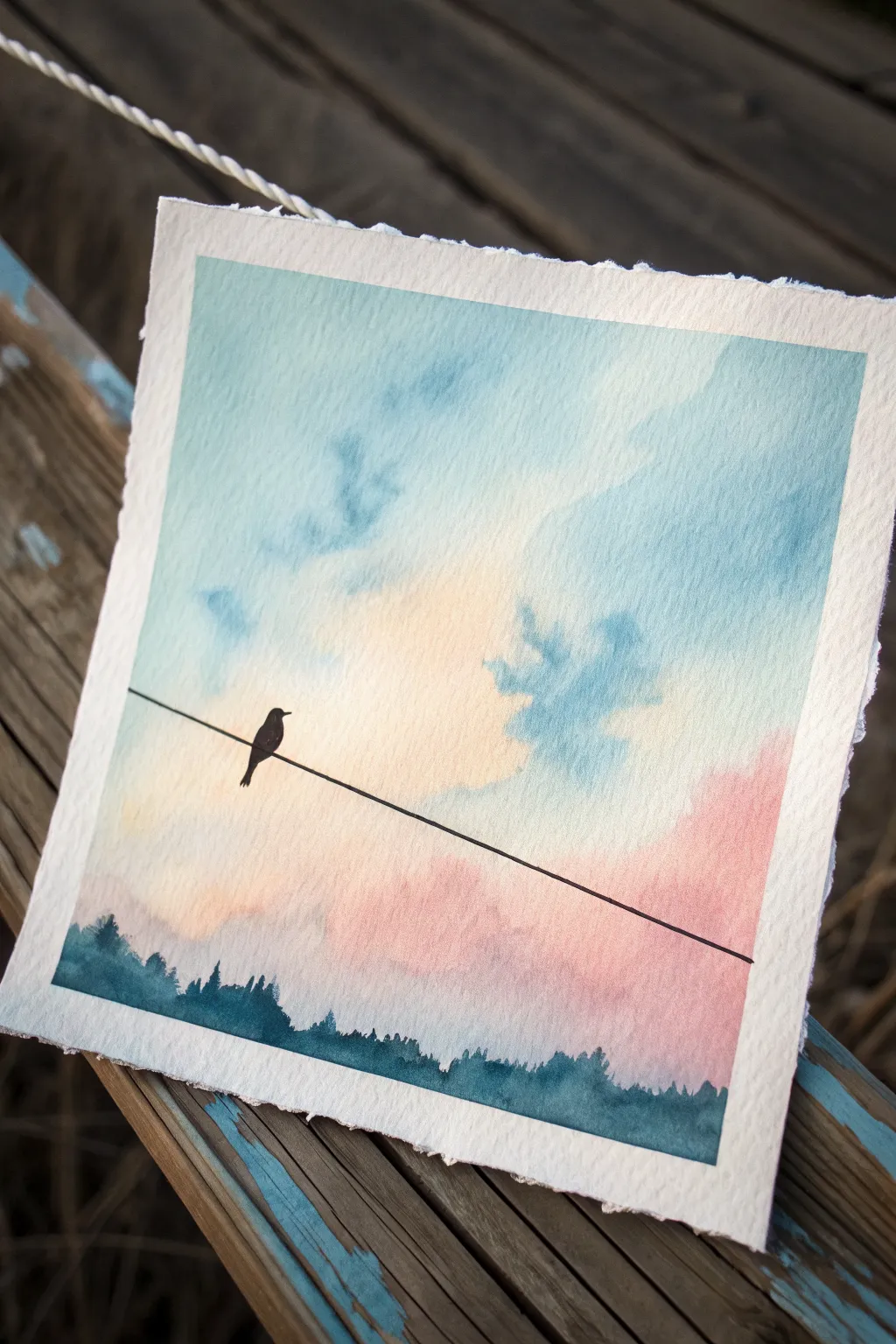 Bird on a wire over a soft sky wash, a calming beginner watercolor pencil silhouette scene