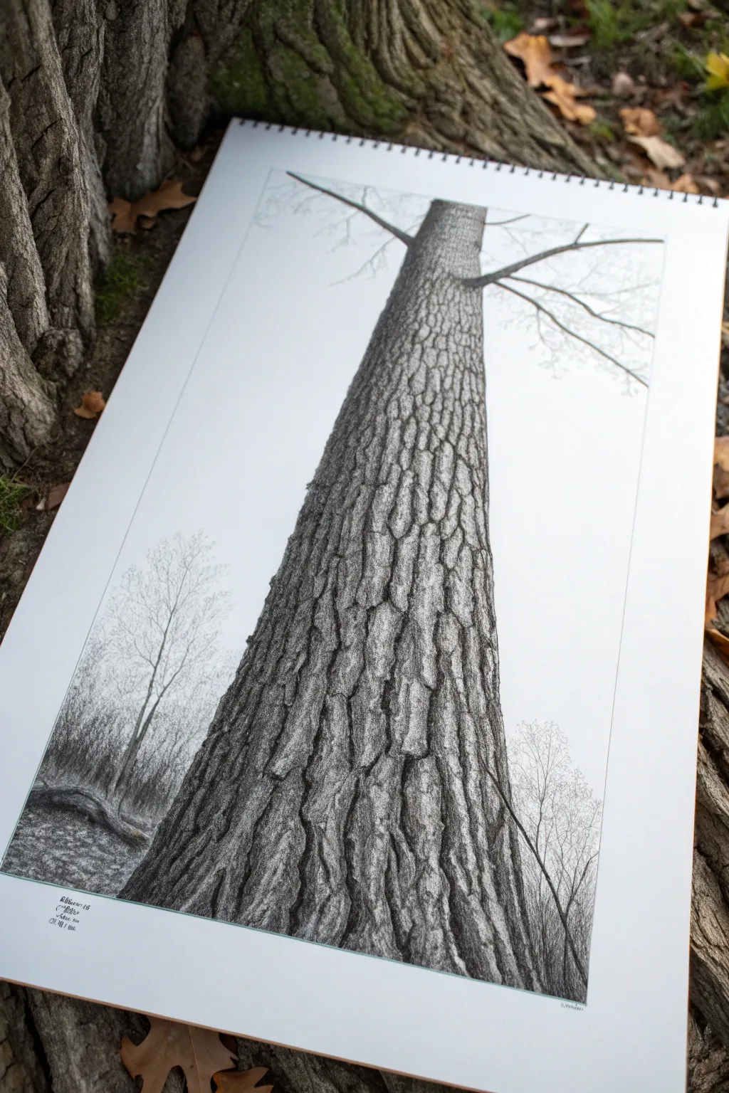 Beginner-friendly bark texture: simple pencil strokes and shadows on a clean, minimal tree trunk study.