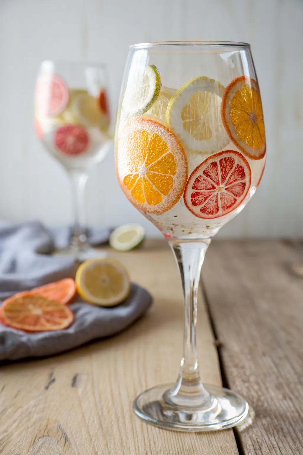 Beginner-friendly citrus slice medallions on a wine glass, styled with fresh fruit inspiration.