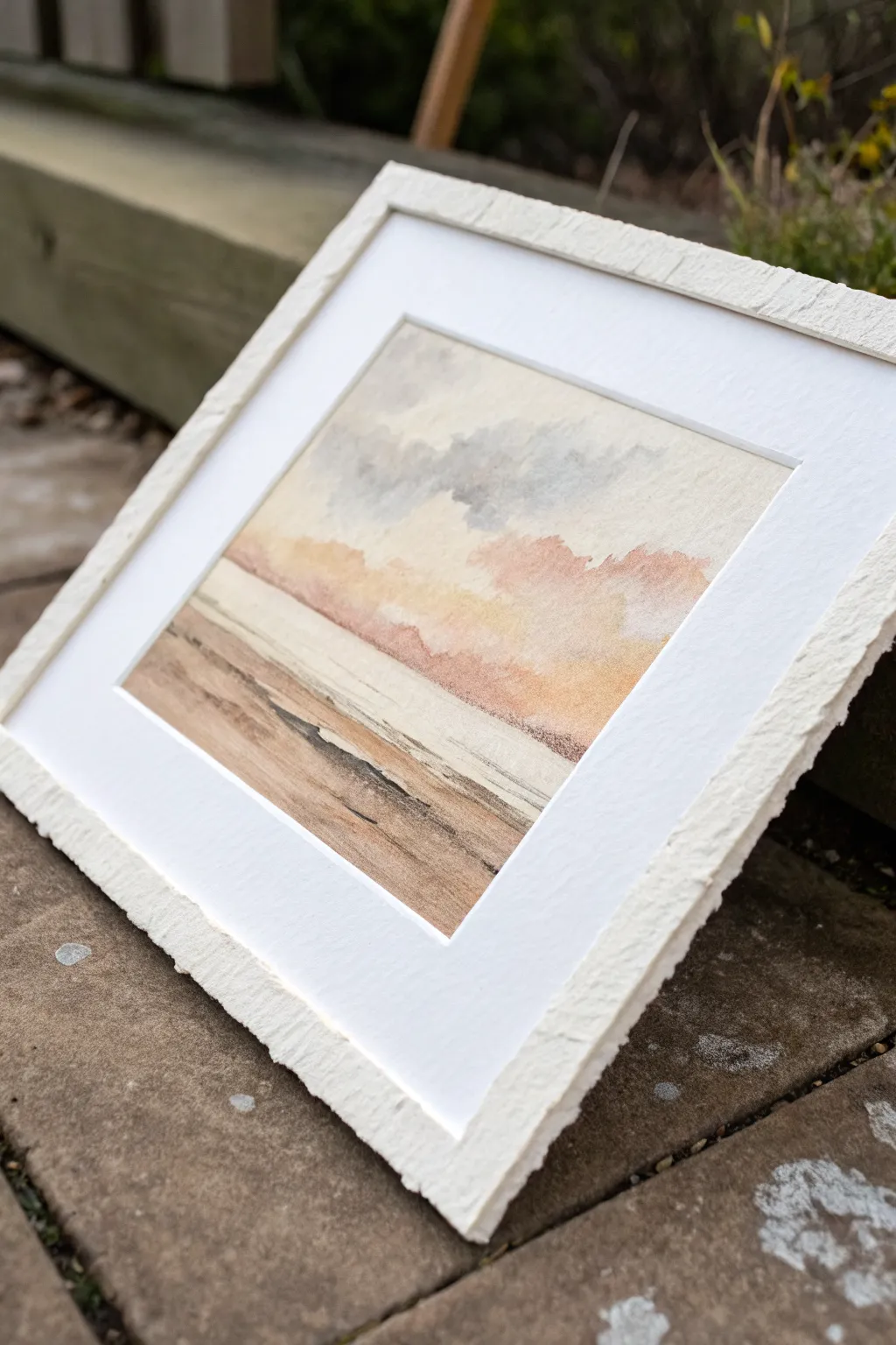 Scumbled beige brushwork forms a foggy minimalist haze, with warm underlayers softly glowing through.