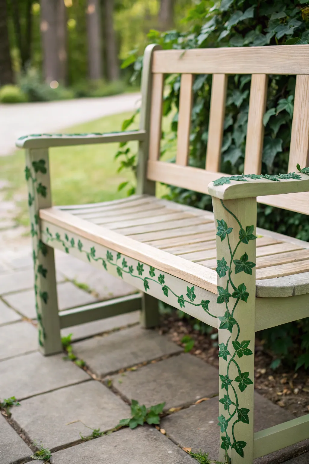 Leafy vine bench makeover in soft sage green, minimalist boho detail for fresh garden charm