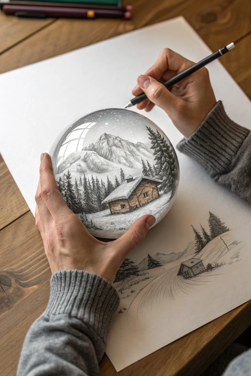 Make a whole world in your hands with a bold snow-globe scene sketch, rich shadows, calm style.