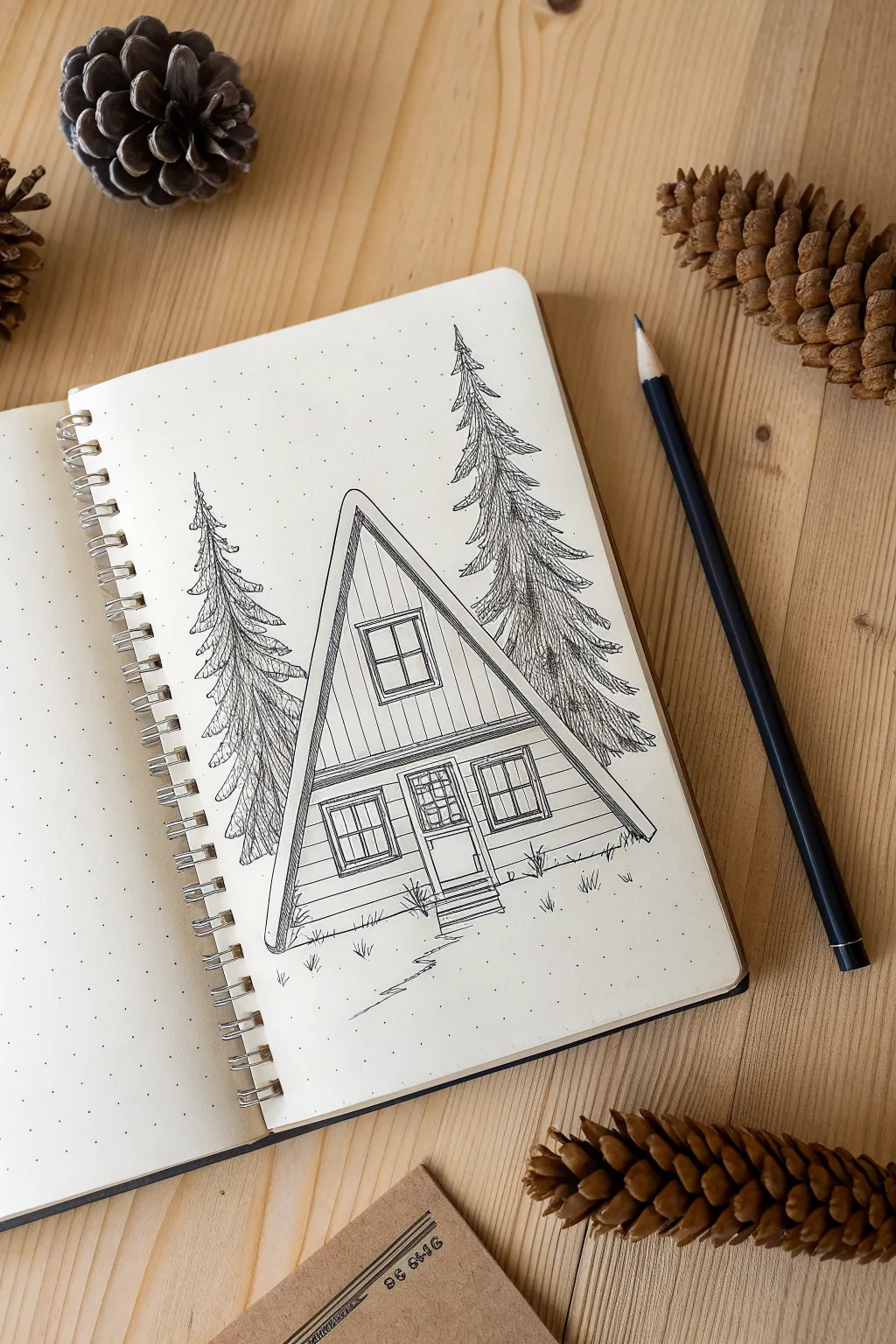 Simple cozy cabin drawing: easy house shape with two pine trees, clean and calming.