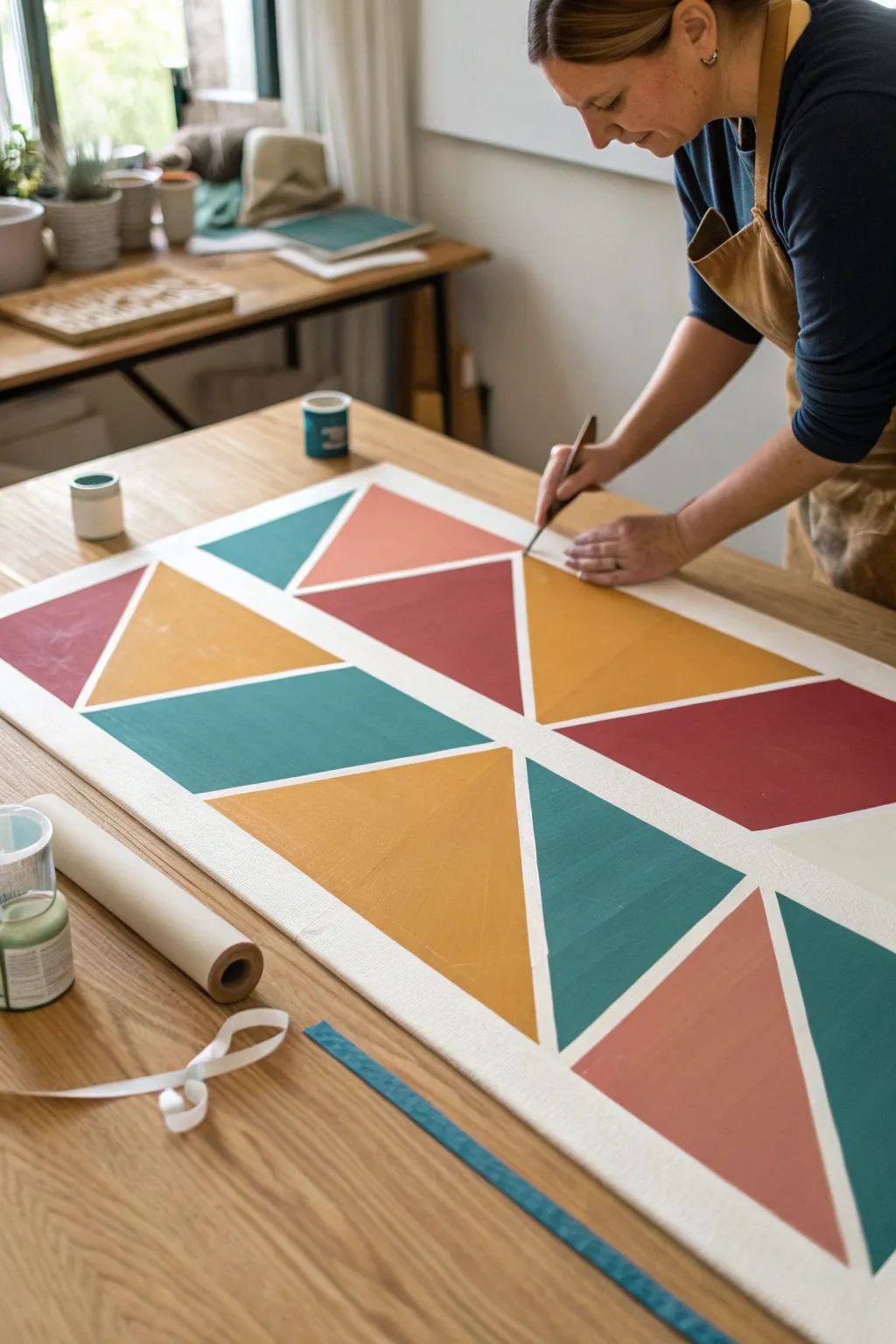 Tape-resist geometric blocks with bold color and crisp white lines as the tape peels away