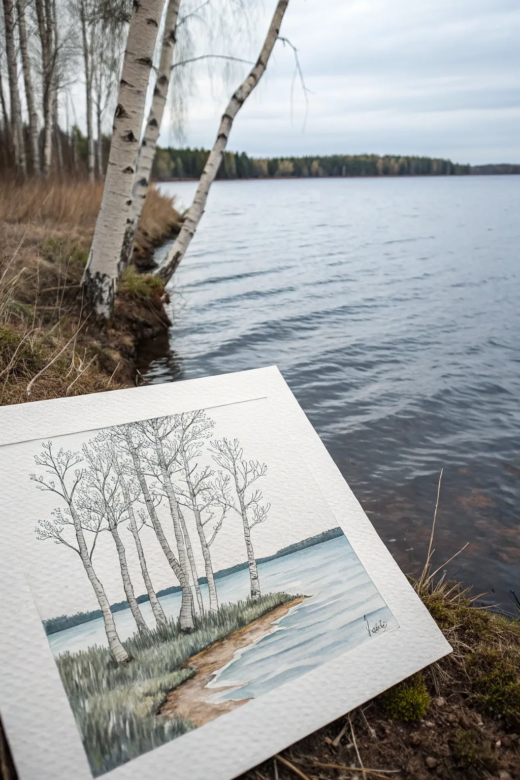 Calm birch trunks mirrored in still water, minimalist lakeshore study with gentle ripples.