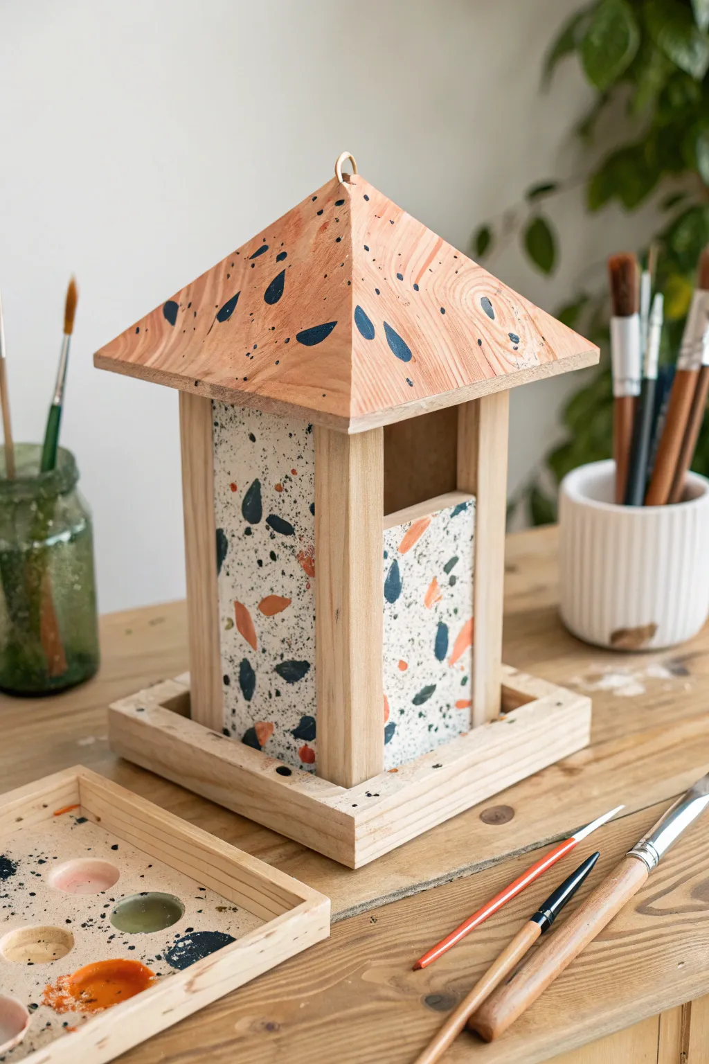 Bold splatter bird feeder on a minimalist studio table, playful color with clean Scandinavian calm.