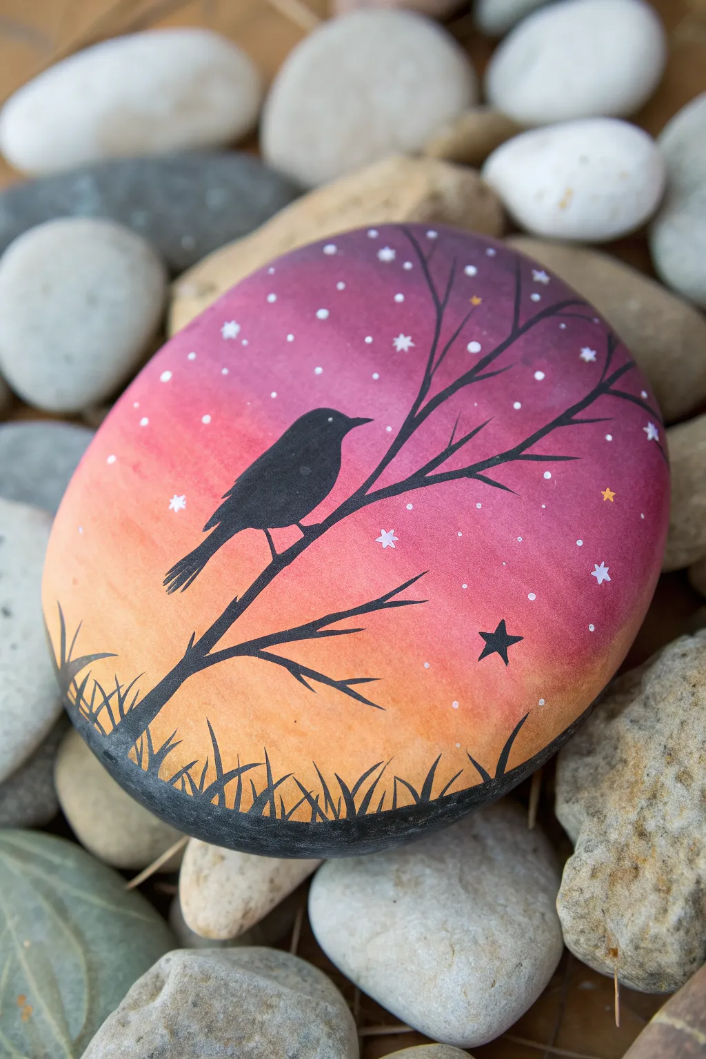 Sunset gradient rock with a bold songbird silhouette and tiny stars for an easy painted accent.