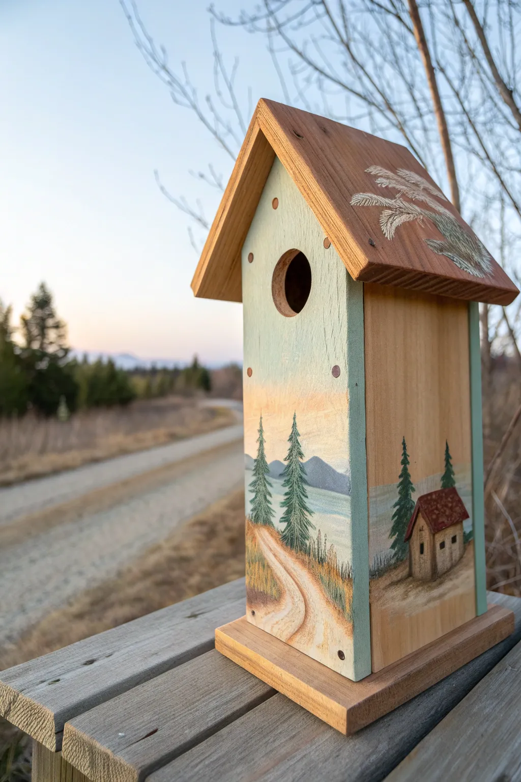 Panoramic landscape birdhouse with a seamless 360 scene wrapping across two visible sides