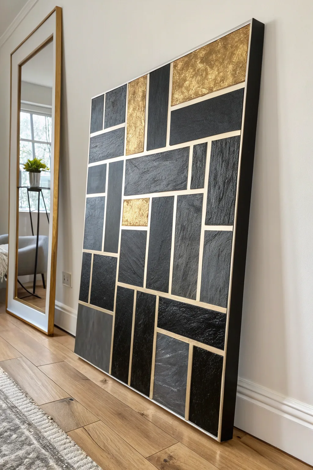 Minimal black blocks with bold gold accents for a chic, modern geometric statement