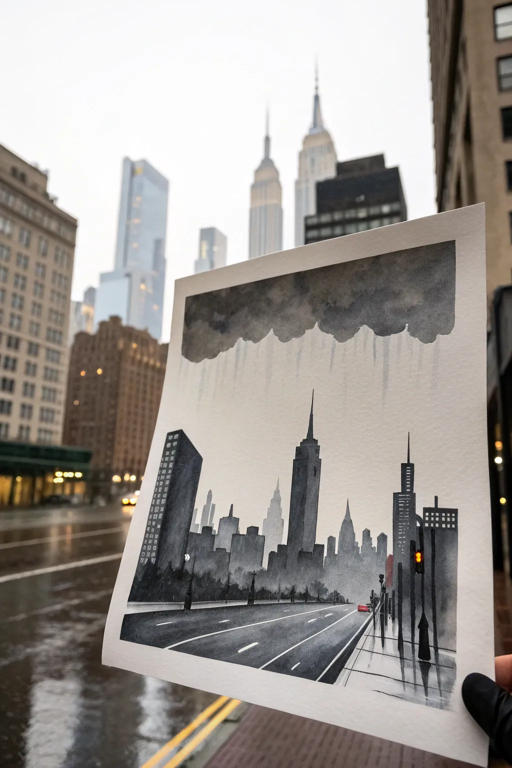 Minimalist rainy skyline in charcoal and misty greys, perfect for black and grey painting practice