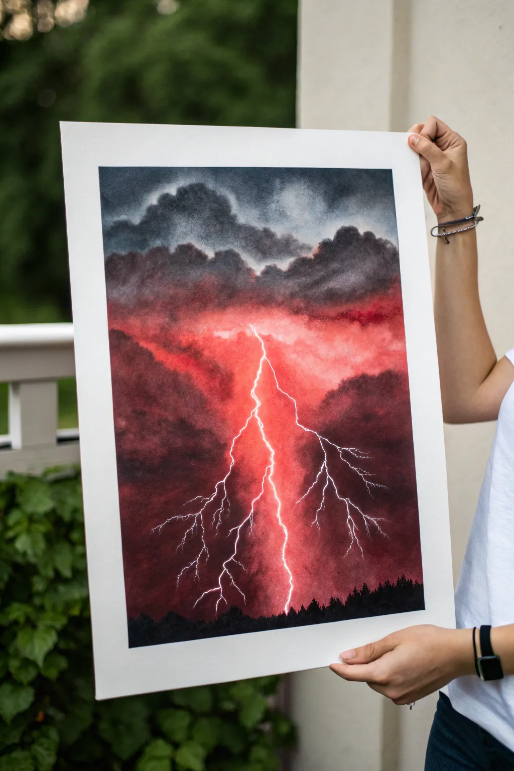 Crimson lightning tears through black clouds, a bold minimalist storm with a glowing red pulse.