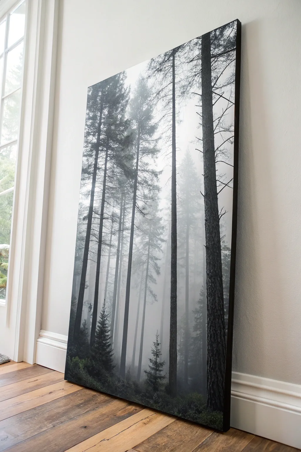 Foggy forest value study in layered grays with bold near-black trunks for depth on canvas