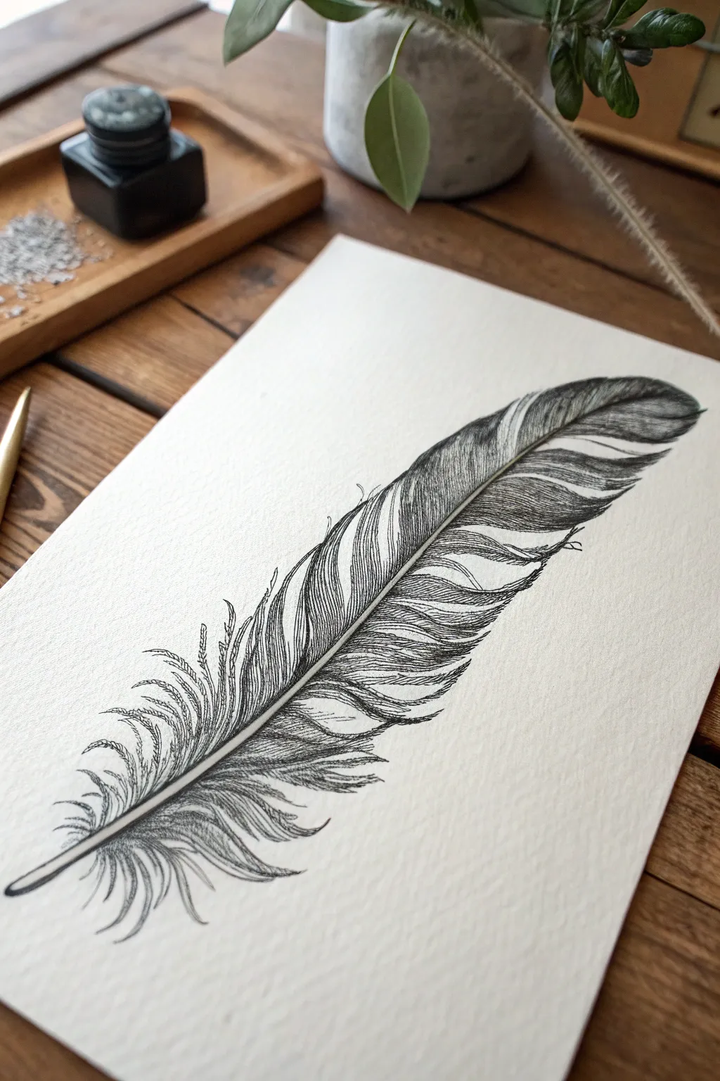 Ink feather texture study with delicate barbs and bold blacks on pristine white paper